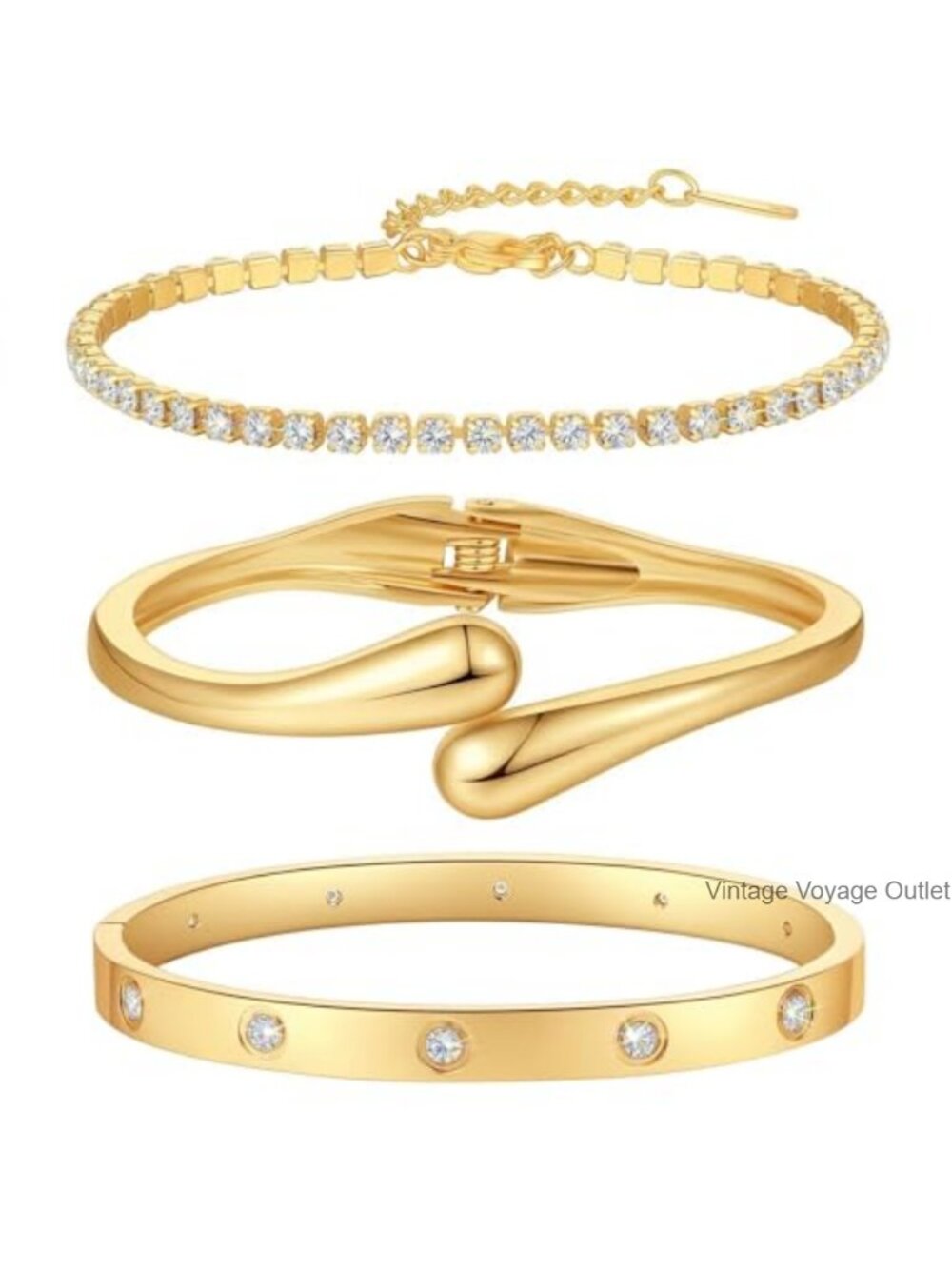 18K Gold-Plated Bracelet Set Floral Clover Tennis Chunky Cuff Stackable